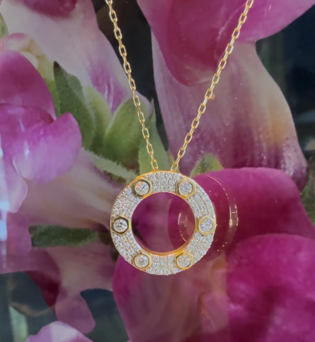 Circle pendant 14k Gold, Porthole Diamonds, with pave Diamonds .58Ct