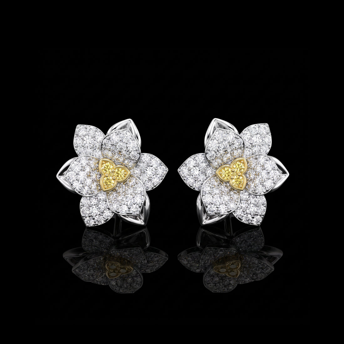 Yellow and White Diamond Flower Stud Earrings