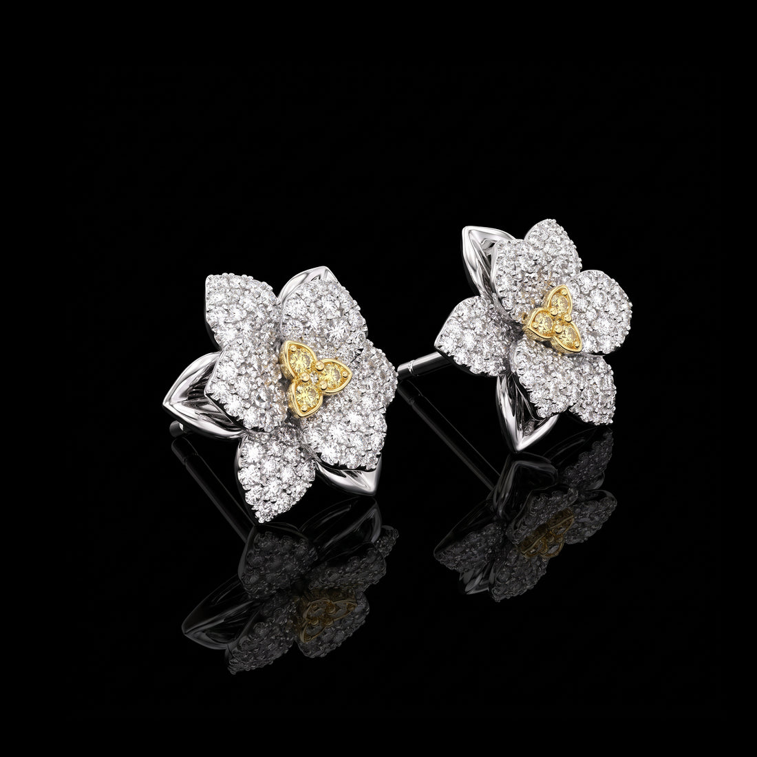 Yellow and White Diamond Flower Stud Earrings