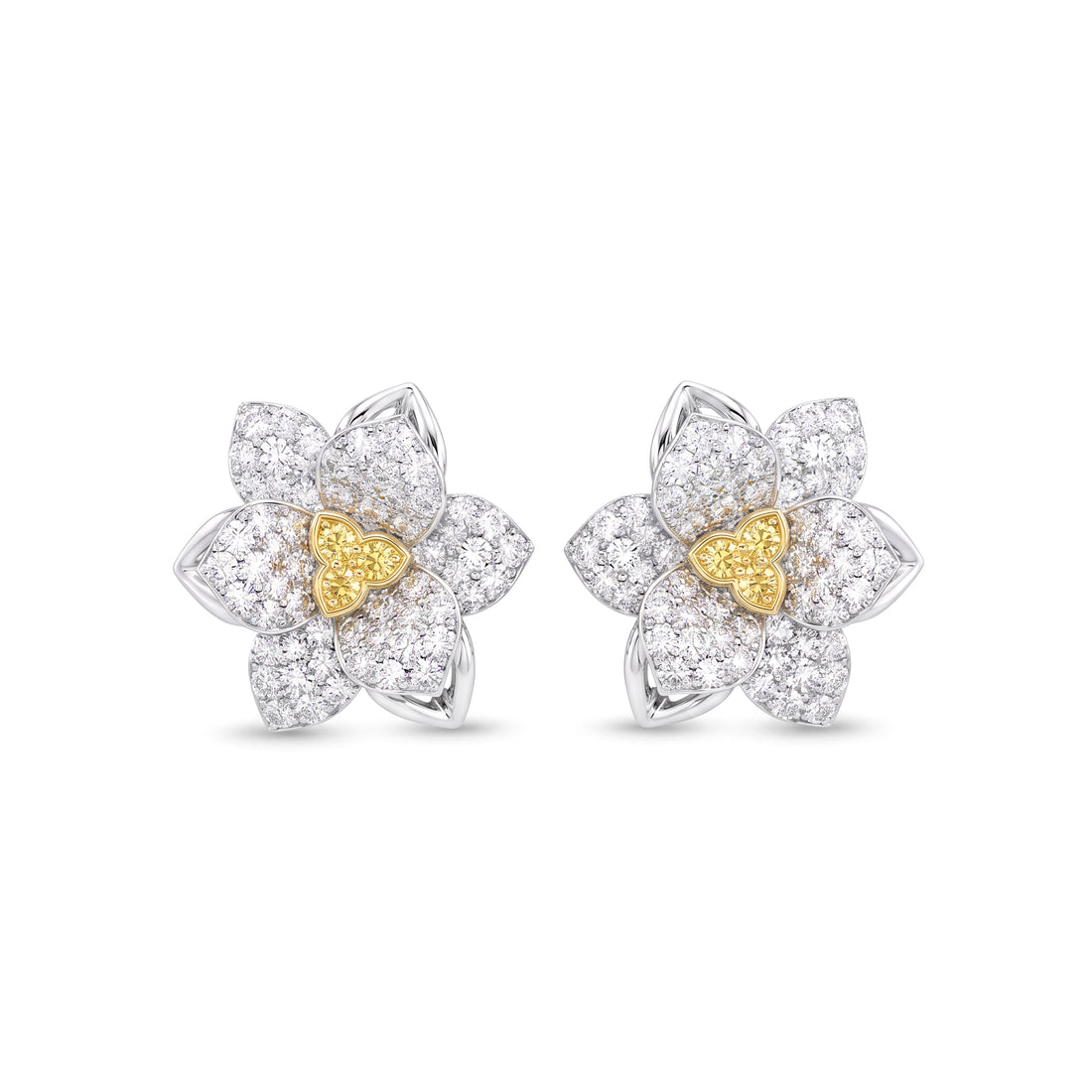 Yellow and White Diamond Flower Stud Earrings