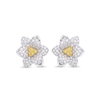 Yellow and White Diamond Flower Stud Earrings