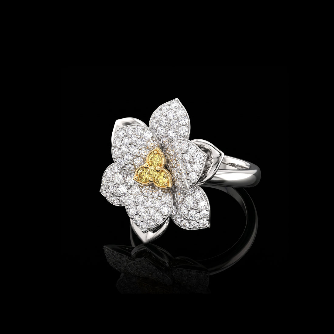 Yellow and White Diamond Flower Ring