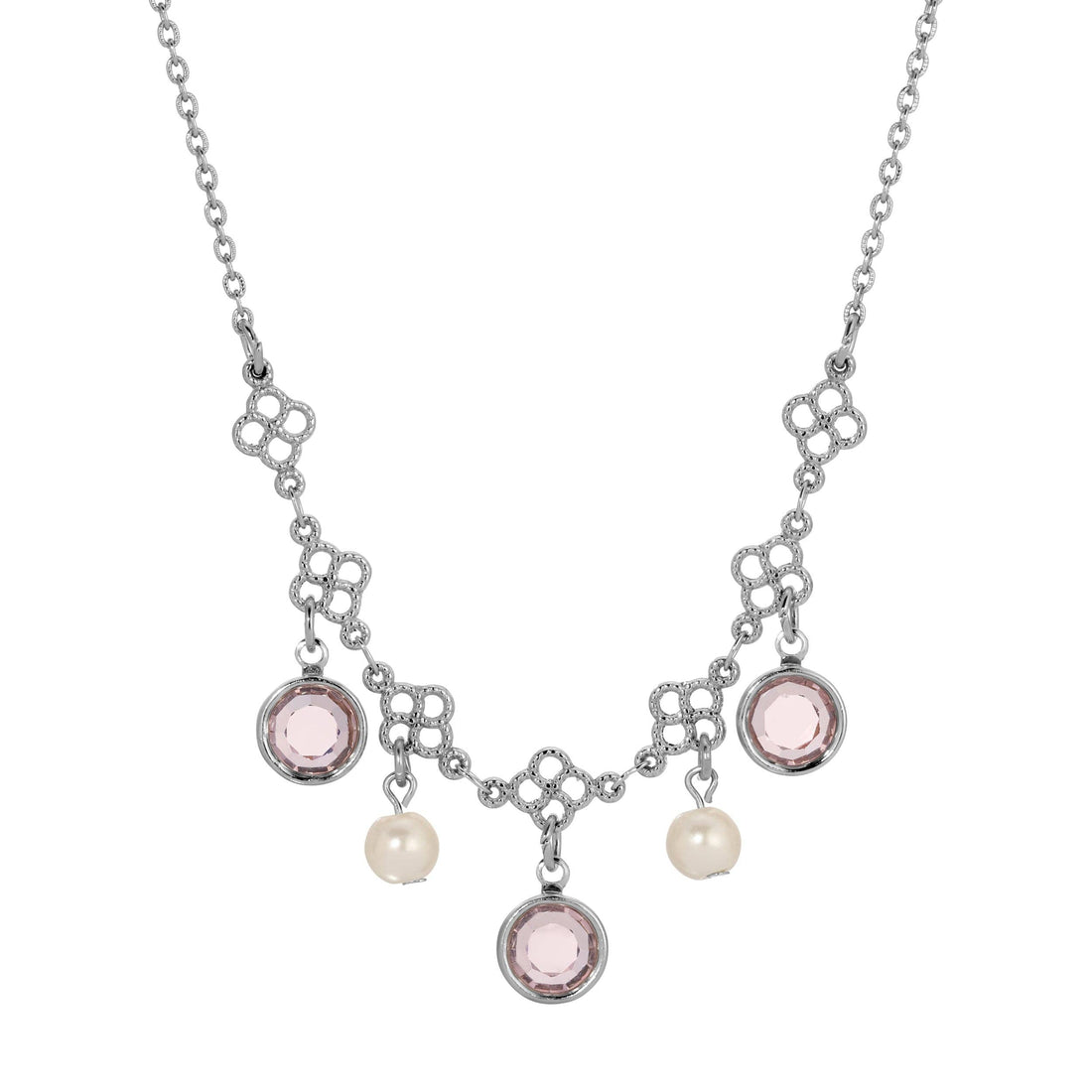 1928 Jewelry Crystal Channel Faux Pearl Drops Necklace 16": Gold Tone And Blue