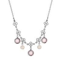 1928 Jewelry Crystal Channel Faux Pearl Drops Necklace 16": Gold Tone And Blue