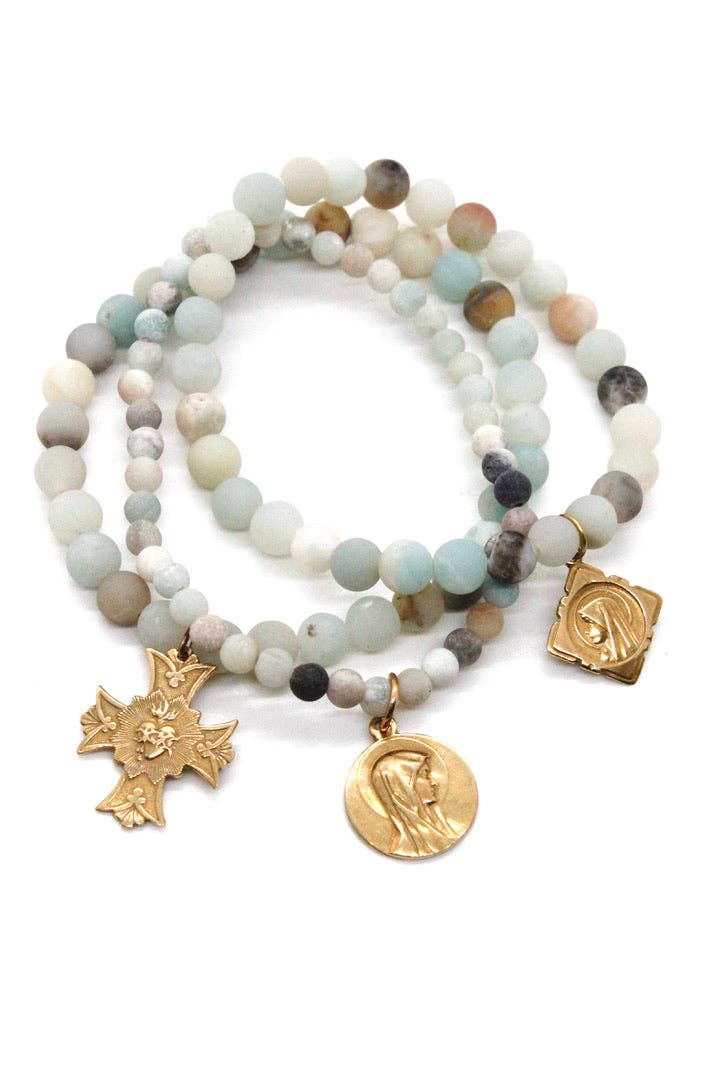 Amazonite Stone Stretch Bracelet with French Gold Religious Cross Heart Charm -French Medals Collection- B6-009