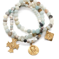 Amazonite Stone Stretch Bracelet with French Gold Religious Cross Heart Charm -French Medals Collection- B6-009