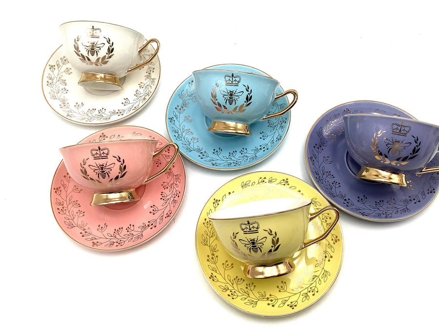 Bridgerton Golden Bee Aqua Blue with Gold Teacup and Saucer