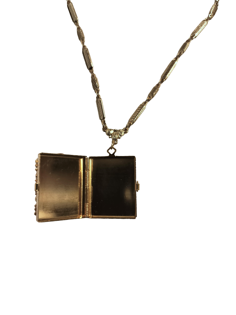 1928 Jewelry Ol' Family Album Stone Locket Necklace 28": Gold Tone and Black