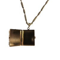1928 Jewelry Ol' Family Album Stone Locket Necklace 28": Gold Tone and Black
