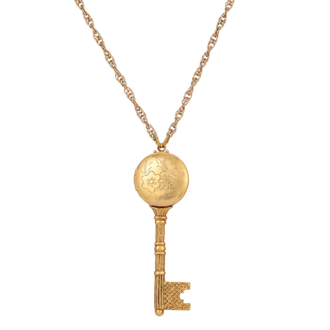 1928 Jewelry Skeleton Key Flower Pendant Locket Necklace: Yellow Gold