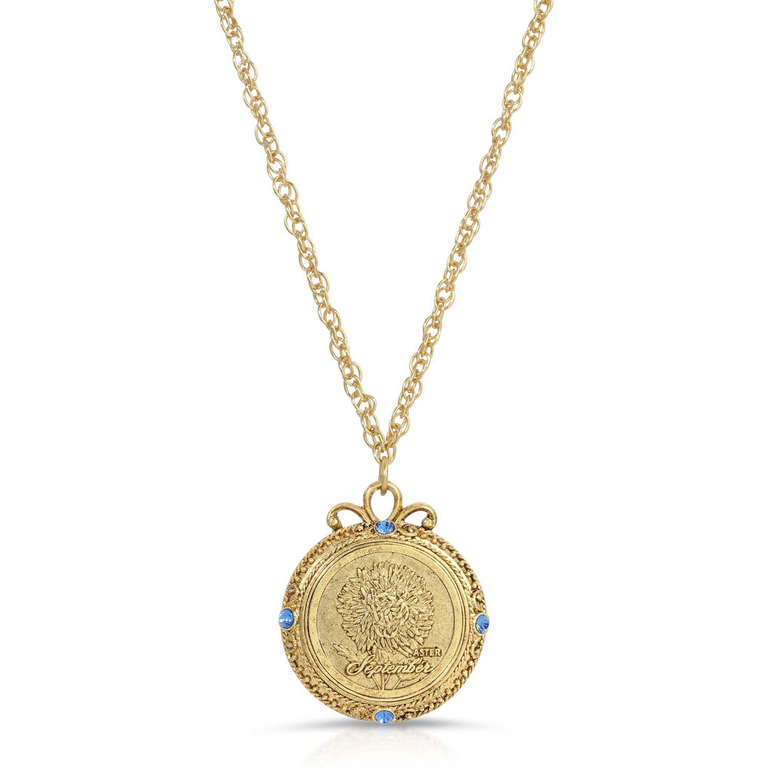 1928 Jewelry Flower of The Month Crystal Pendant Necklace 20: September/Aster/Sapphire