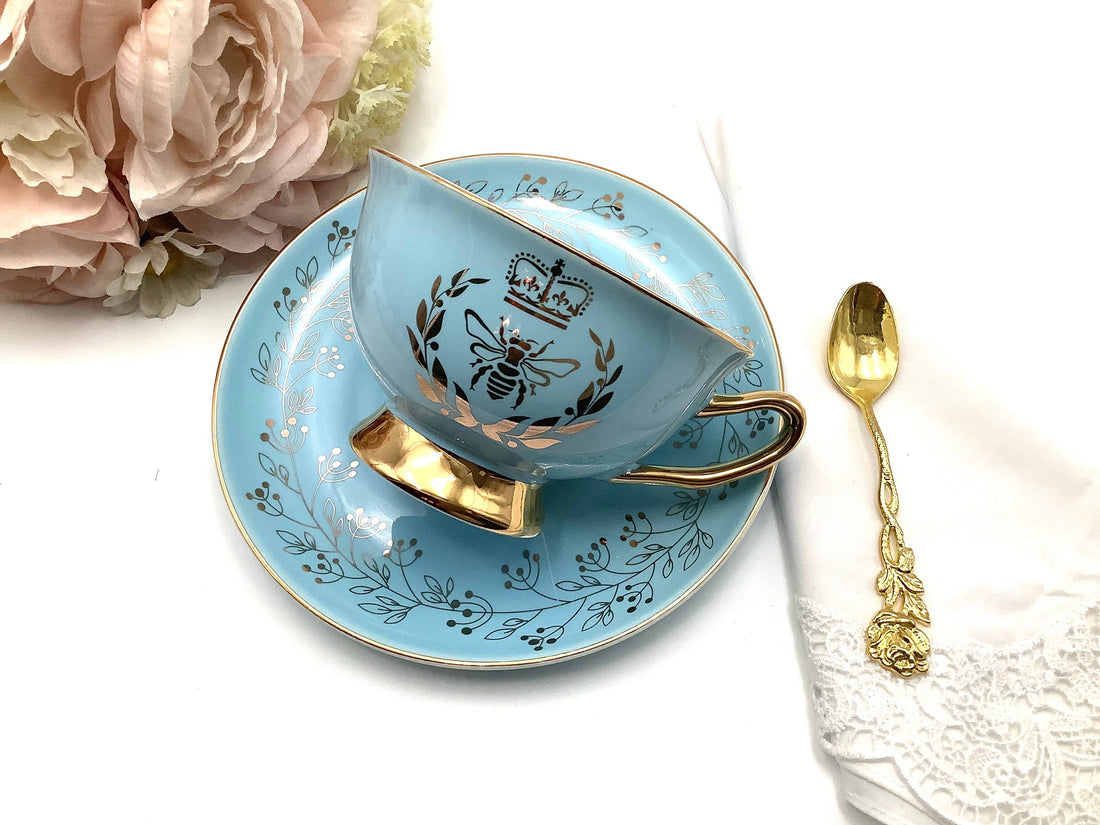 Bridgerton Golden Bee Aqua Blue with Gold Teacup and Saucer