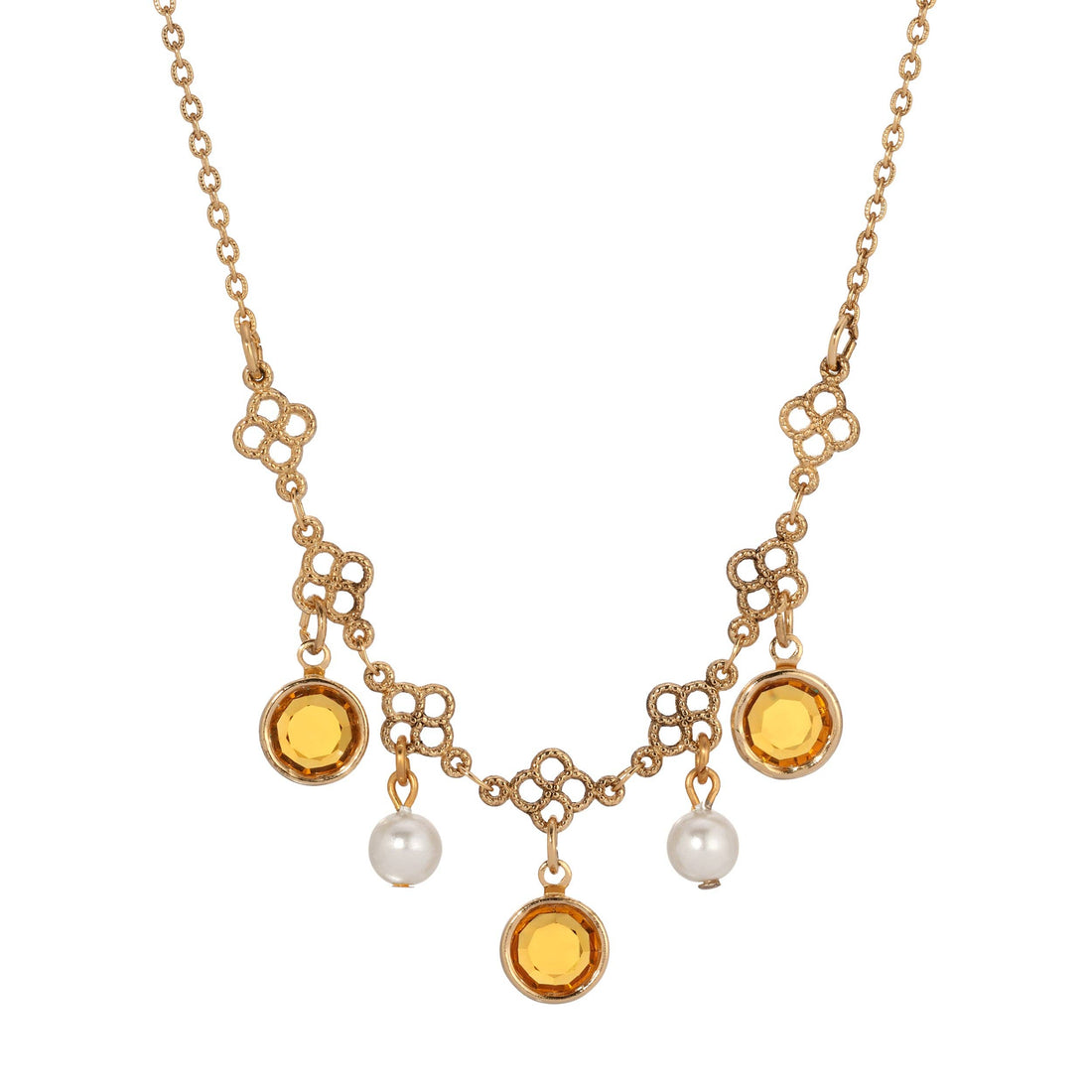 1928 Jewelry Crystal Channel Faux Pearl Drops Necklace 16": Gold Tone And Blue