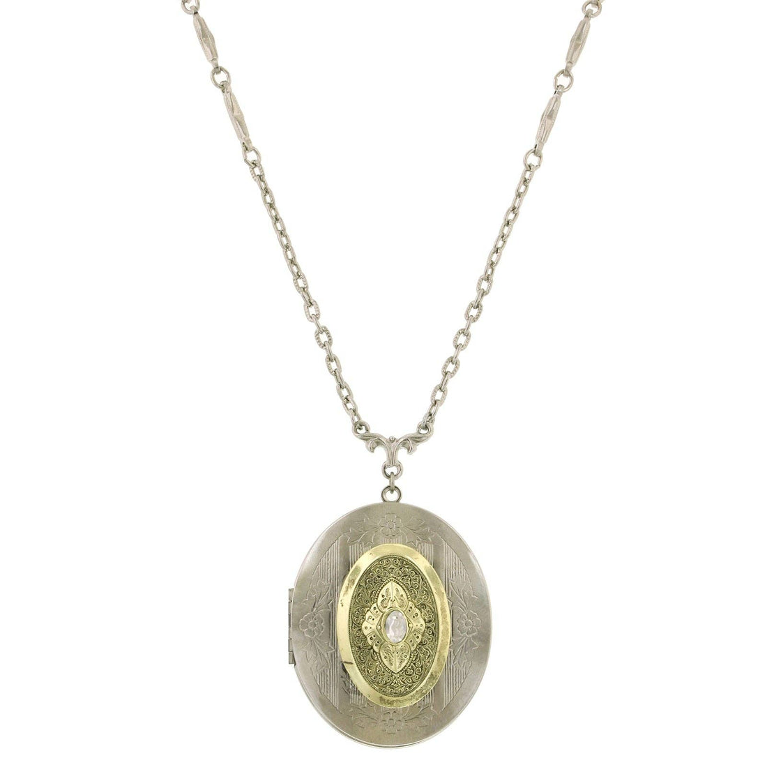 1928 Jewelry Two Tone Crystal Oval Locket Necklace 32"