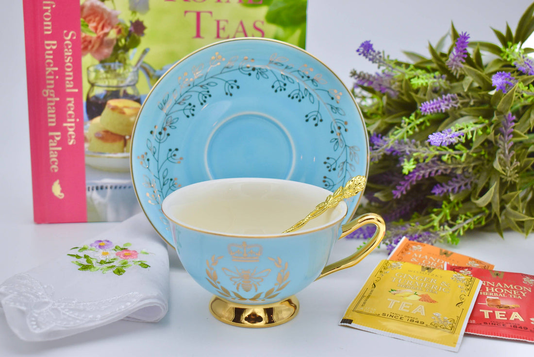 Bridgerton Golden Bee Aqua Blue with Gold Teacup and Saucer