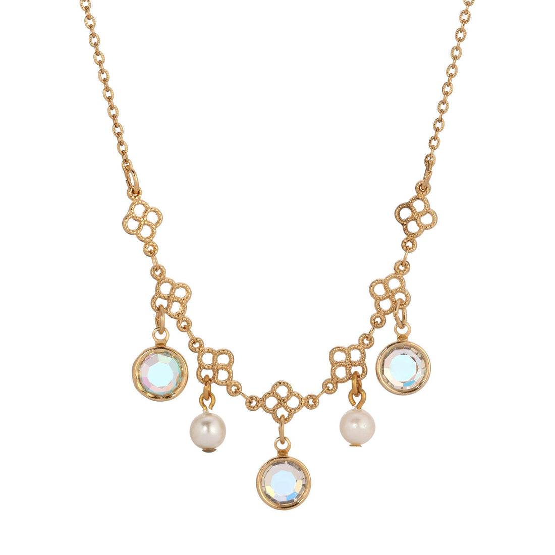 1928 Jewelry Crystal Channel Faux Pearl Drops Necklace 16": Gold Tone And Blue