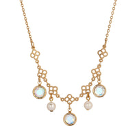 1928 Jewelry Crystal Channel Faux Pearl Drops Necklace 16": Gold Tone And Blue