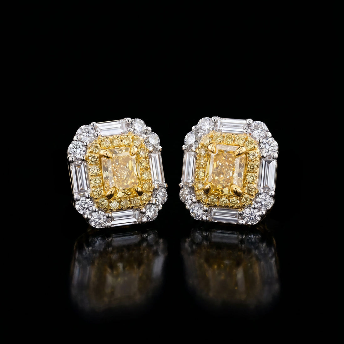 Fancy Yellow Diamond Stud Earrings with Baguette Diamonds