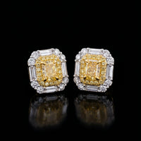 Fancy Yellow Diamond Earrings with Baguette Halo