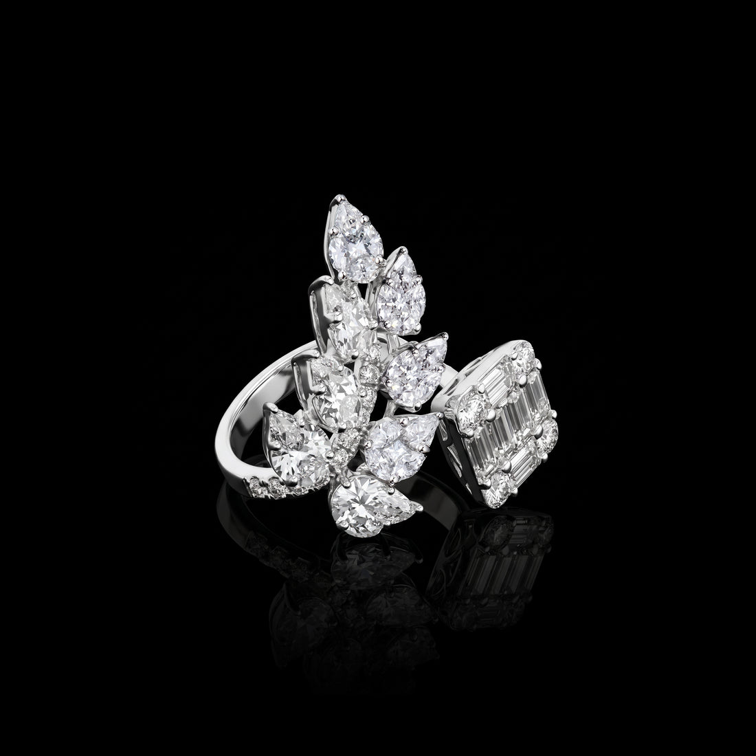 Leaf & Baguette Invisible Set Diamond Ring