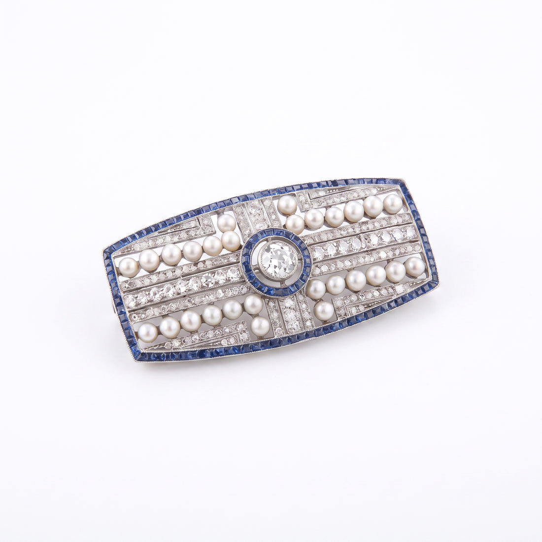Deco Sapphire, Pearl, and Diamond Broche