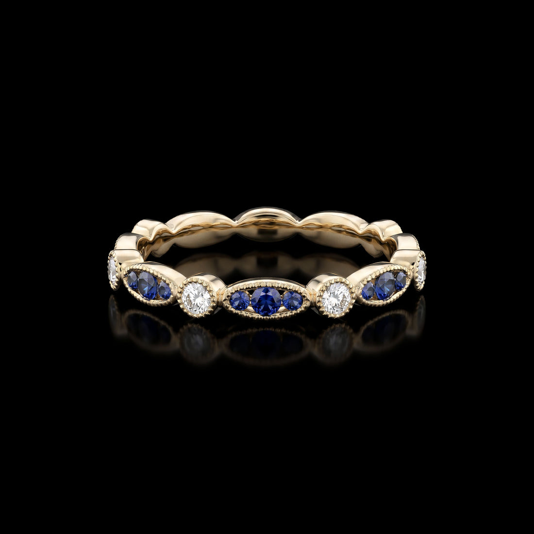Vintage Style Diamond and Sapphire Band with Filagree 0.10 Ct Diamond 0.16 Ct Sapphire YG