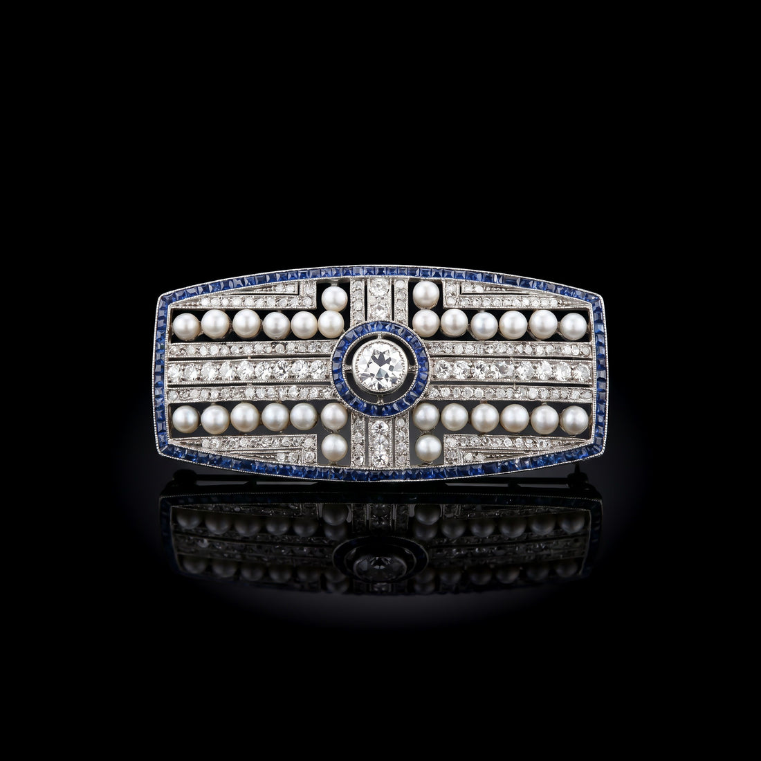 Deco Sapphire, Pearl and Diamond Broche