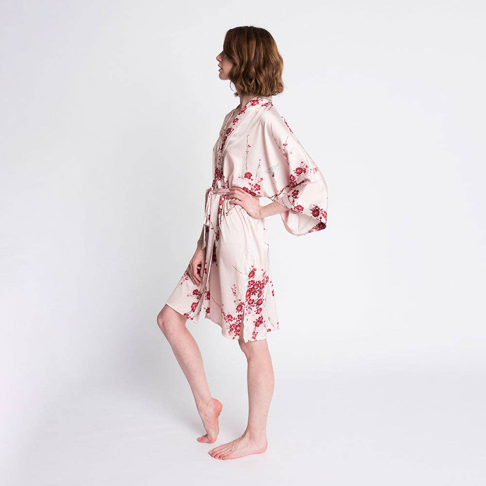 Kim + Ono Cherry Blossom & Crane Rose Quart Short Kimono Robe