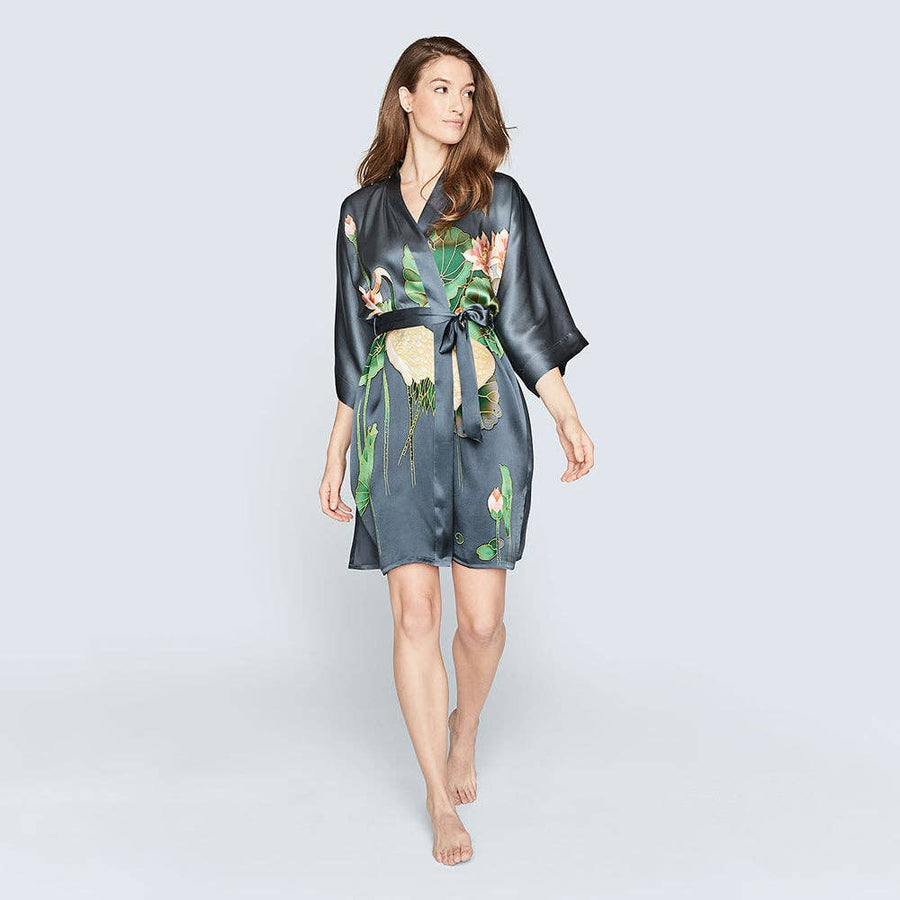Kim + Ono Silk Handpainted Crane Short Kimono Robe