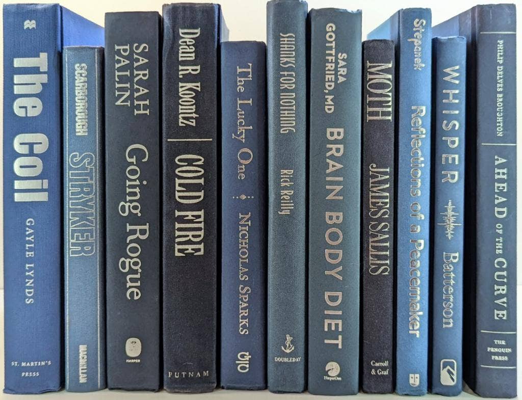 Blue books with silver titles by the foot for decor